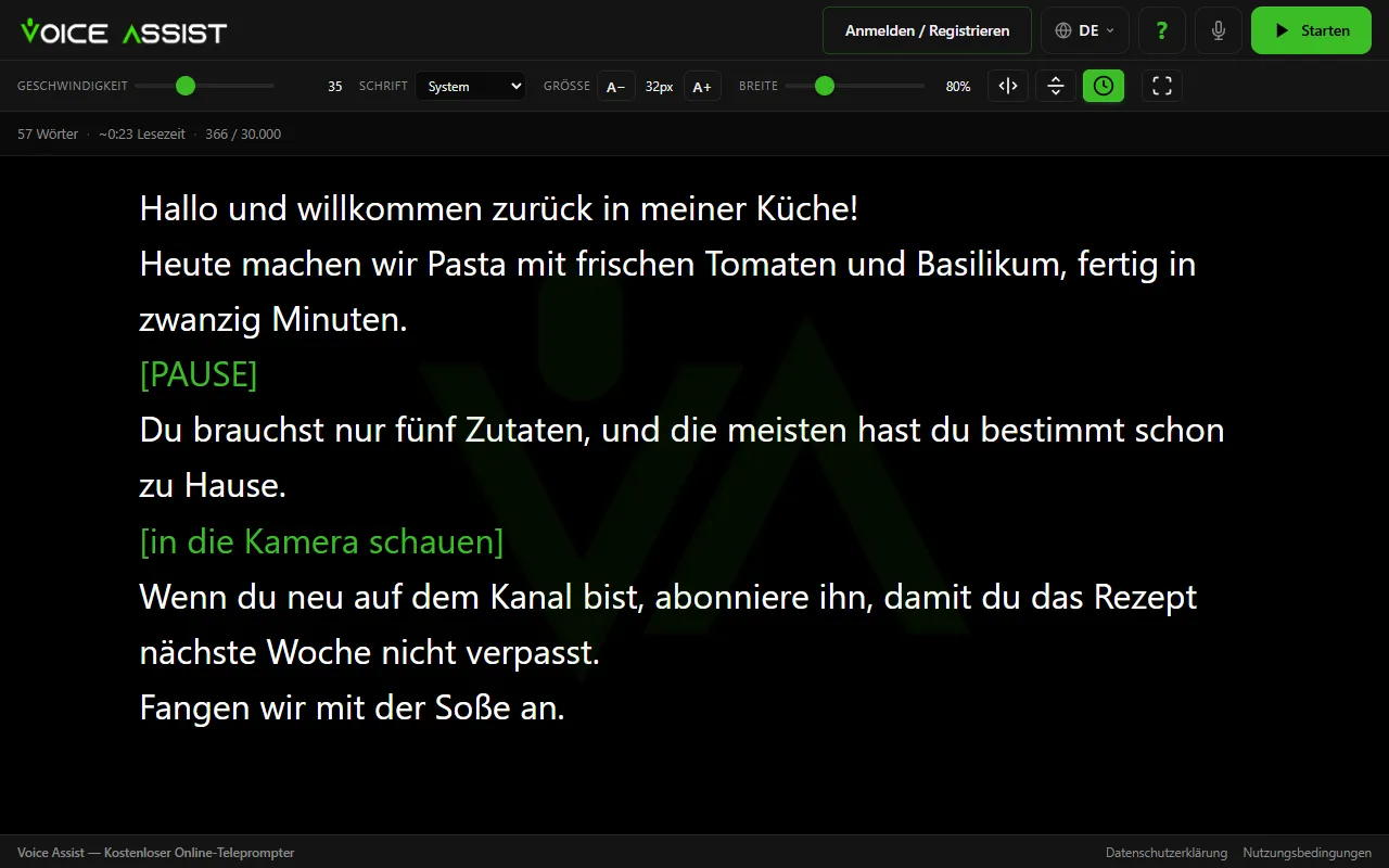 Skript-Editor mit einem Beispieltext und einer Regieanweisung in eckigen Klammern