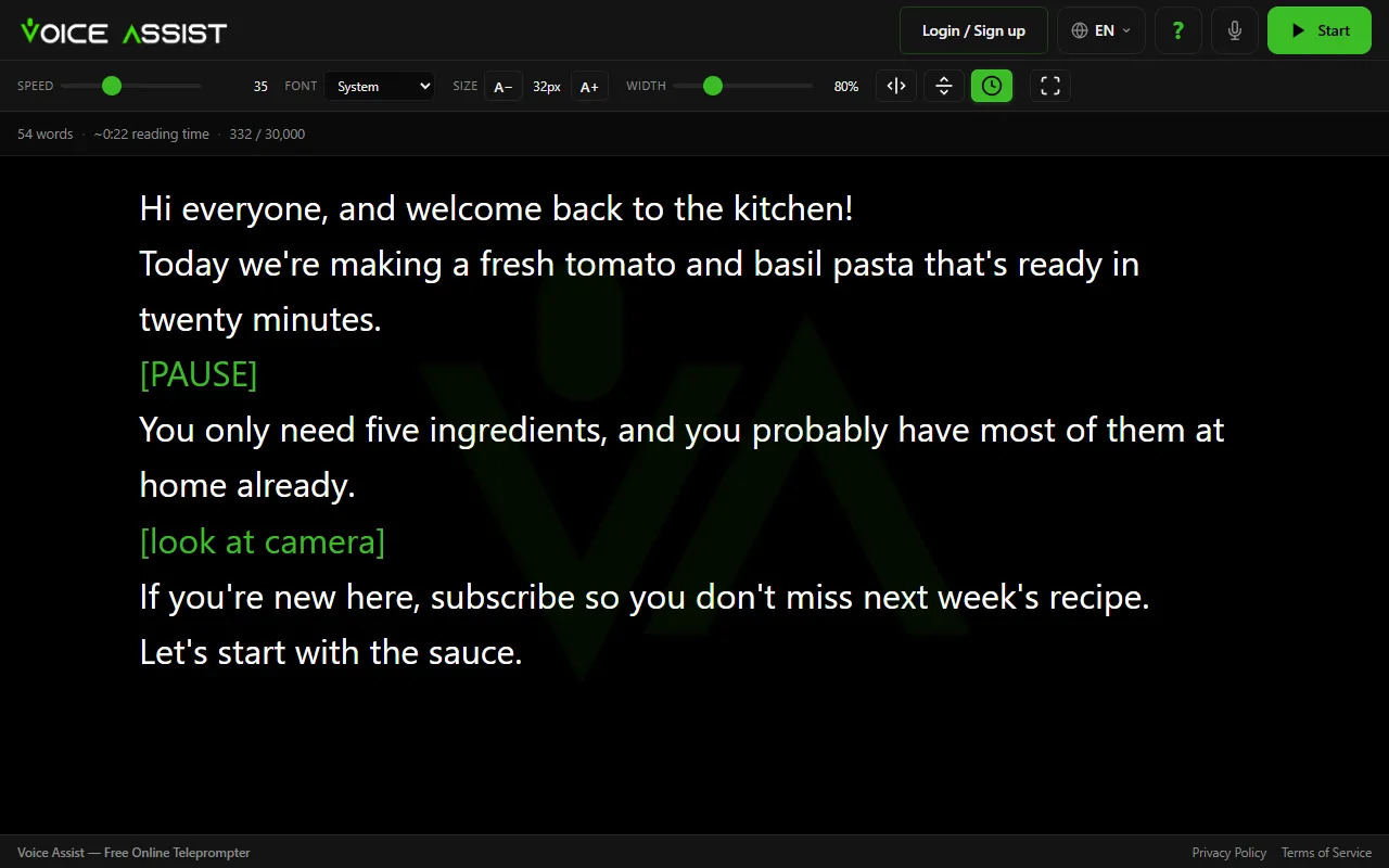Script editor with a sample script and a stage direction in square brackets