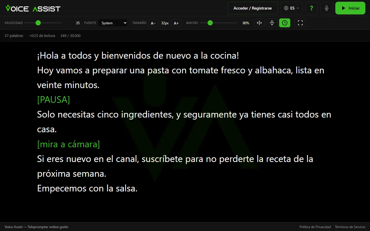 Editor de guiones con un guion de ejemplo y notas de dirección entre corchetes