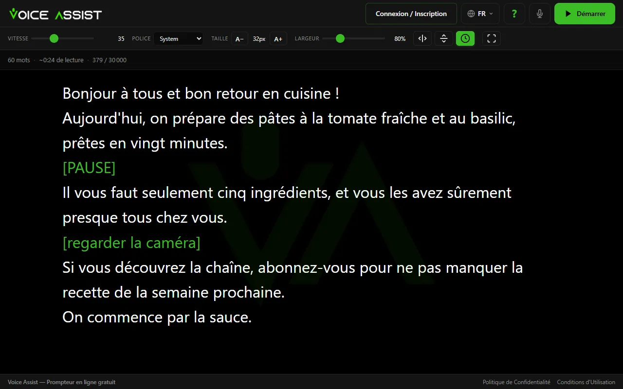Éditeur de script avec un texte d'exemple et une note de mise en scène entre crochets