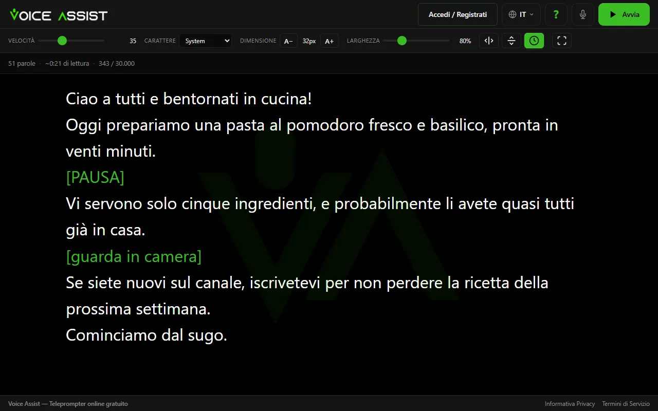 Editor del copione con un testo di esempio e le indicazioni di regia tra parentesi quadre