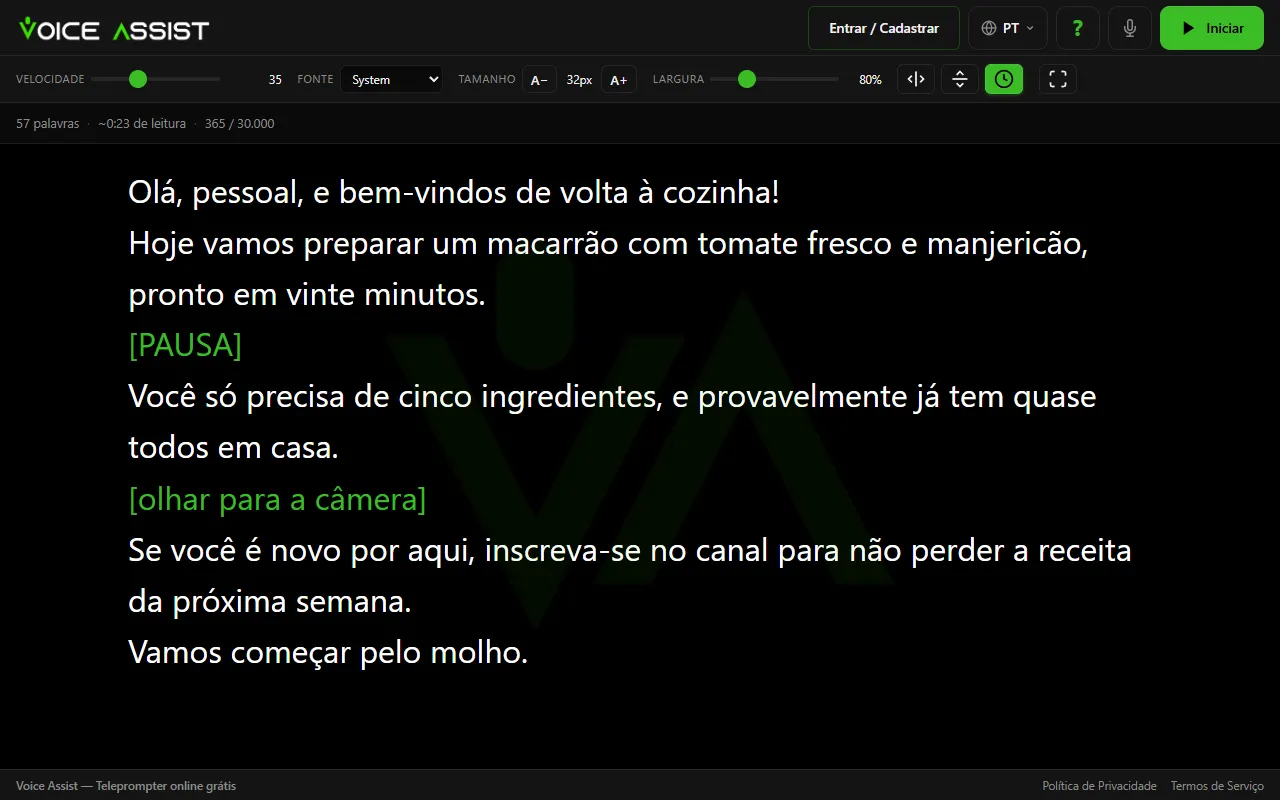 Editor de roteiros com um roteiro de exemplo e uma indicação de cena entre colchetes