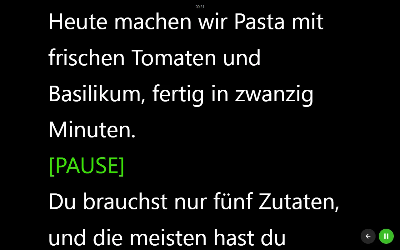 Lesemodus des Teleprompters mit großer weißer Schrift auf schwarzem Grund