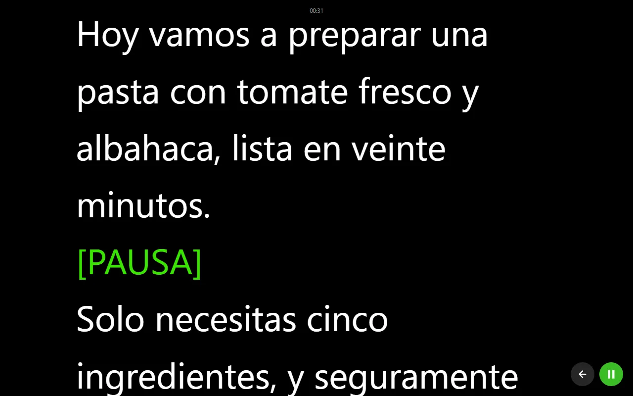 Modo de lectura del teleprompter con texto blanco grande sobre fondo negro