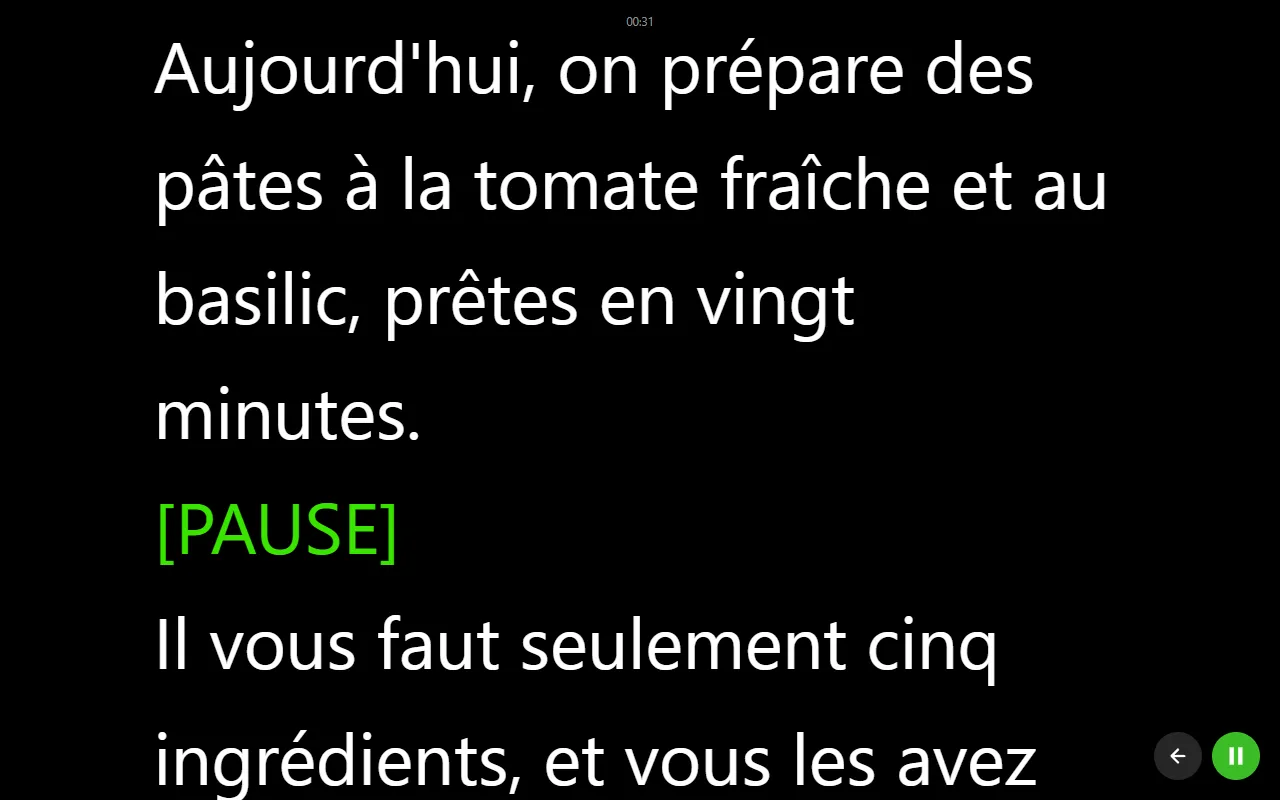 Mode lecture du prompteur avec un grand texte blanc sur fond noir