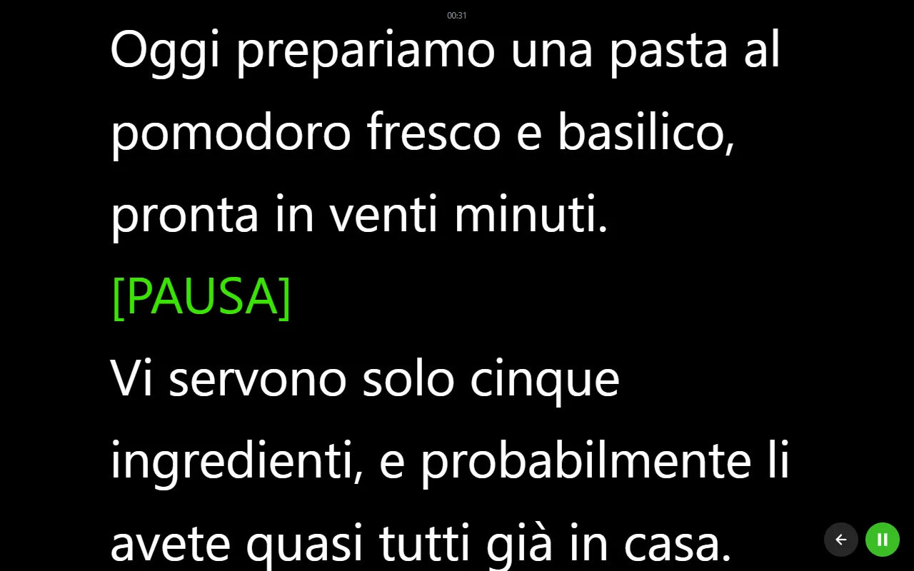 Modalità di lettura del teleprompter con testo bianco grande su sfondo nero