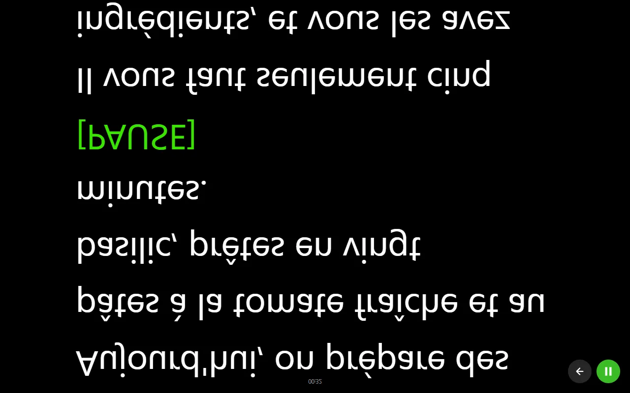 Écran de lecture de Voice Assist avec le script retourné tête en bas par le Miroir V, texte blanc sur fond noir