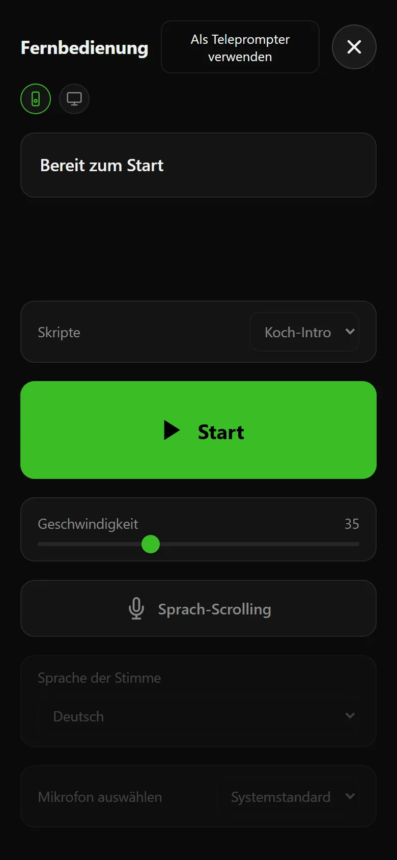 Voice Assist auf einem Handy als Fernbedienung, mit ausgewähltem Skript, großem Start-Knopf, Geschwindigkeitsregler und Sprach-Scrolling