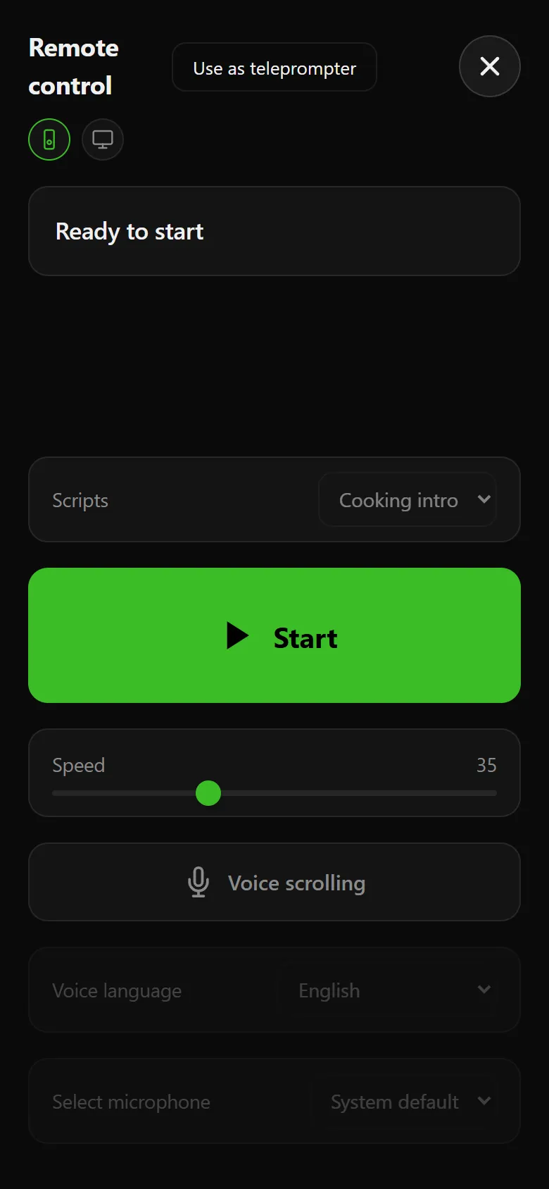Voice Assist on a phone set as remote control, with the script chosen, a large Start button, the speed slider and voice scrolling