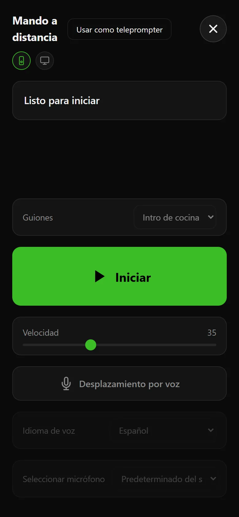 Voice Assist en un celular usado como control remoto, con el guion elegido, un botón grande Iniciar, el control de velocidad y el desplazamiento por voz