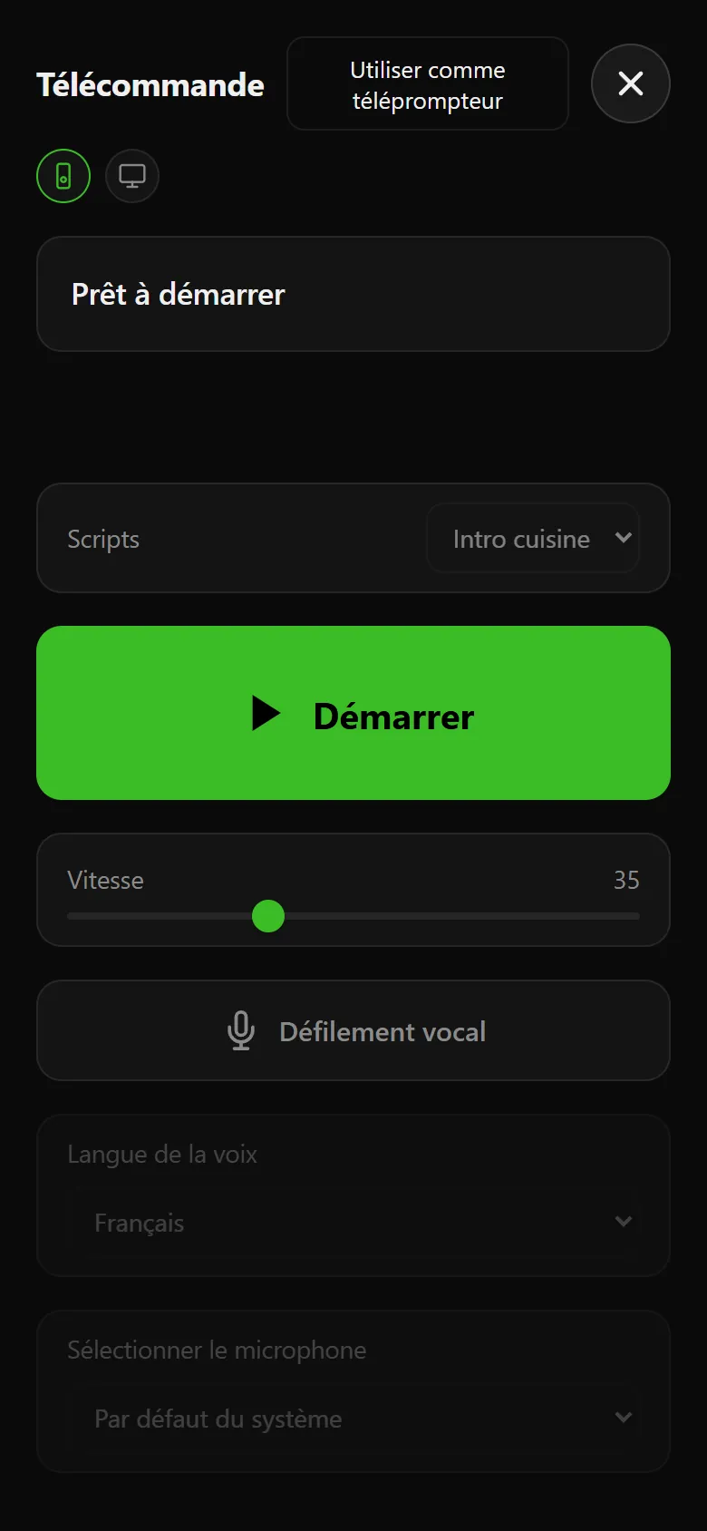 Voice Assist sur un smartphone utilisé comme télécommande, avec le script choisi, un grand bouton Démarrer, le curseur de vitesse et le défilement vocal