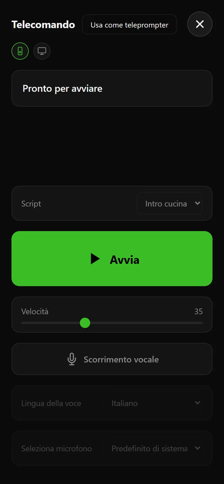 Voice Assist su un telefono usato come telecomando, con il copione scelto, un grande pulsante Avvia, il cursore della velocità e lo scorrimento vocale