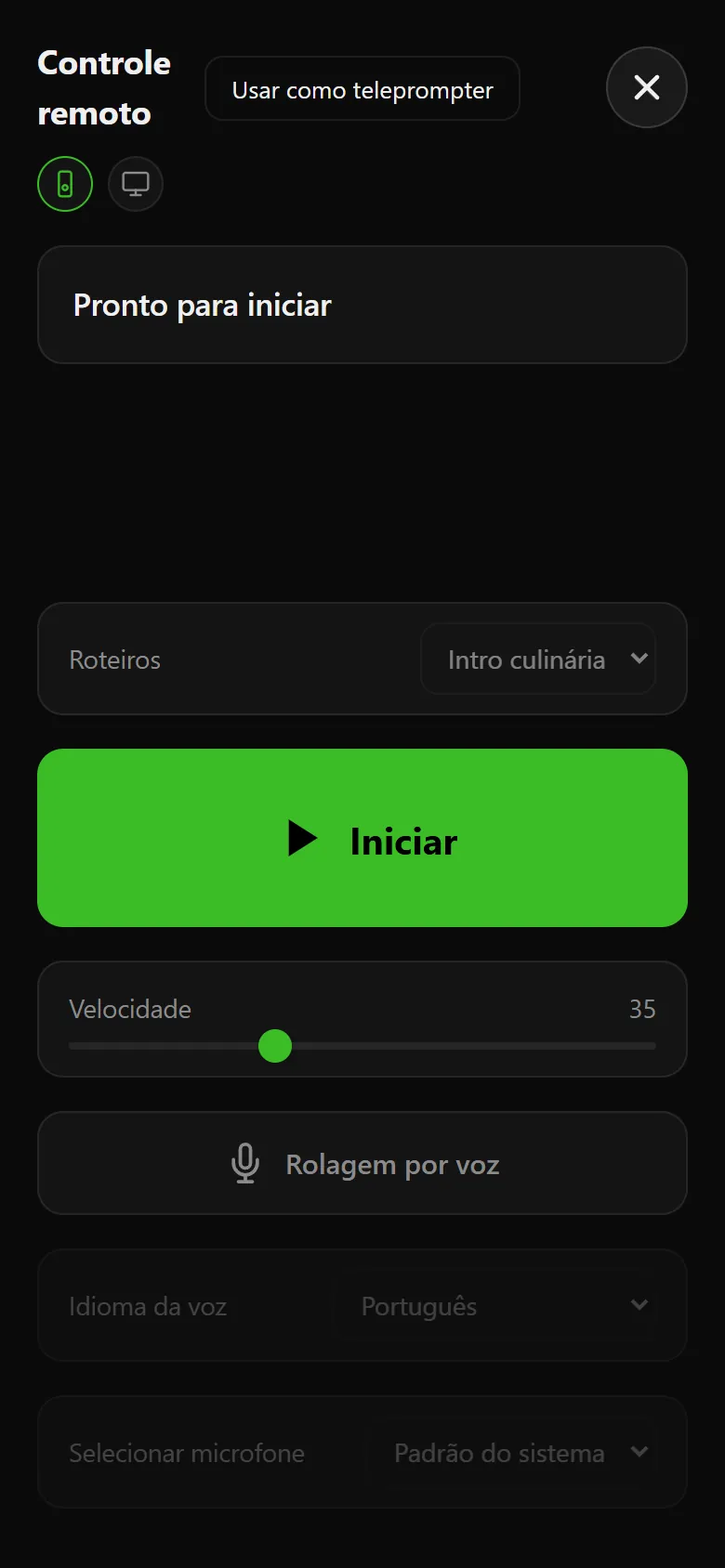 Voice Assist no celular usado como controle remoto, com o roteiro escolhido, um botão Iniciar grande, o controle de velocidade e a rolagem por voz