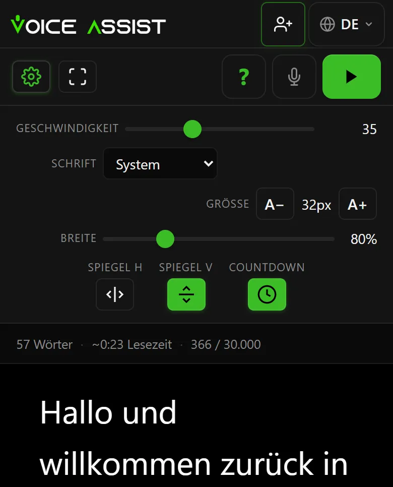 Einstellungen von Voice Assist mit Reglern für Scrollgeschwindigkeit, Schriftgröße und Zeilenbreite, Spiegel V eingeschaltet
