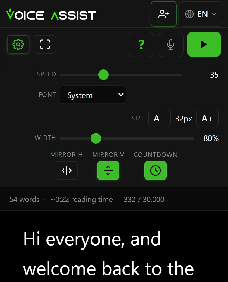 Settings panel with controls for scroll speed, text size and mirror mode