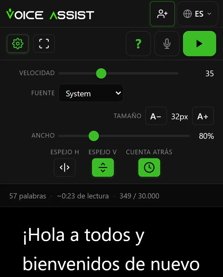 Panel de ajustes con controles de velocidad de desplazamiento, tamaño del texto y modo espejo