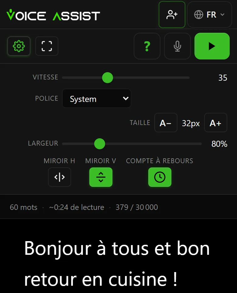 Panneau des paramètres avec les réglages de vitesse de défilement, de taille du texte et de mode miroir