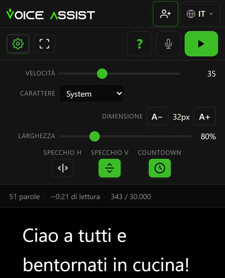 Impostazioni di Voice Assist con i comandi per velocità di scorrimento, dimensione del testo e larghezza delle righe, e lo Specchio V attivo