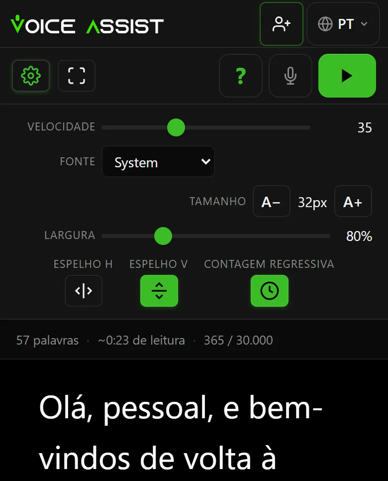 Configurações do Voice Assist com controles de velocidade de rolagem, tamanho do texto e largura da linha, e o espelho vertical ativado